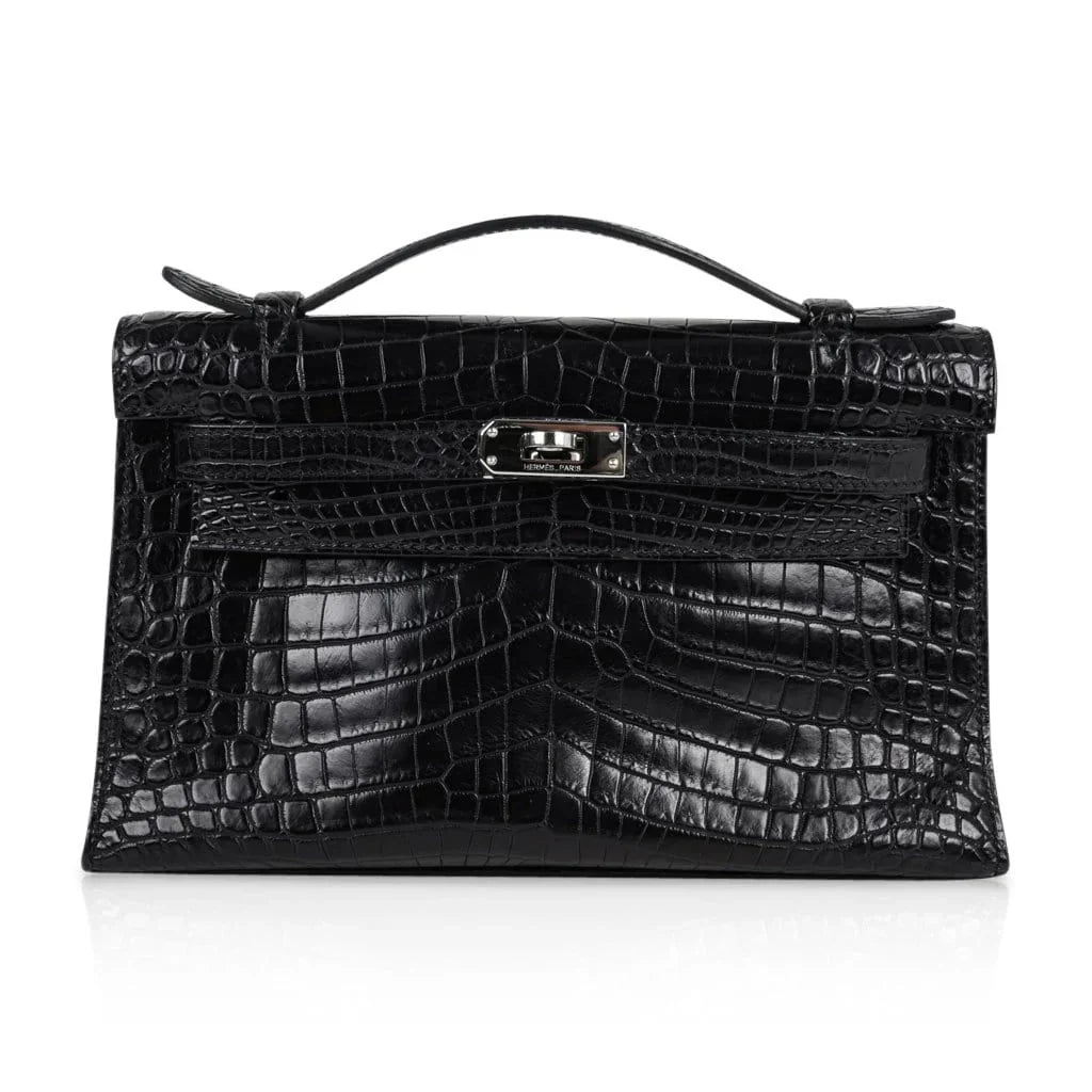 Kelly Pochette Bag Matte Black Crocodile Clutch Palladium