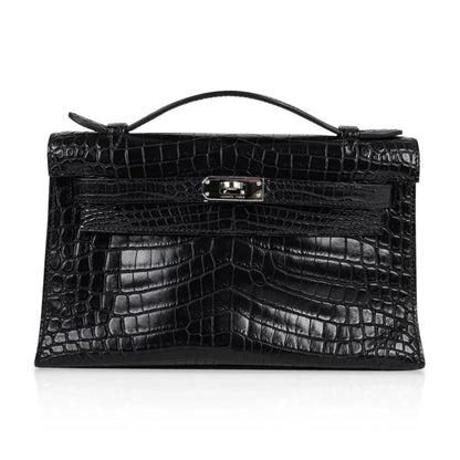 Kelly Pochette Bag Matte Black Crocodile Clutch Palladium