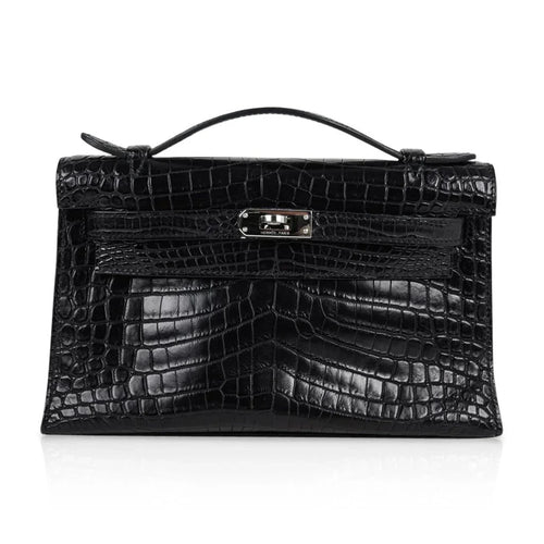 Kelly Pochette Bag Matte Black Crocodile Clutch Palladium