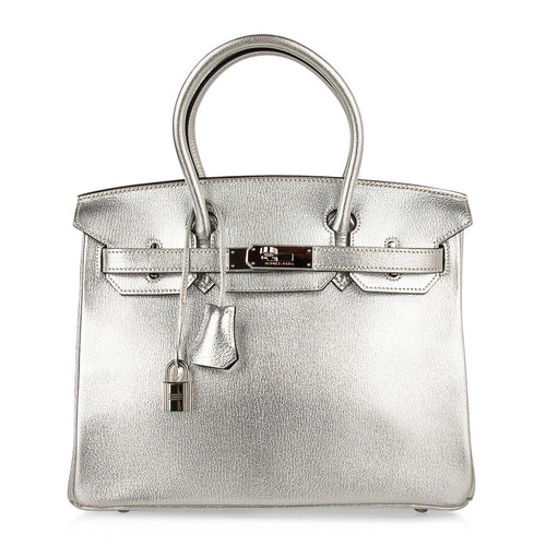 Limited Edition Birkin 30 Bag Silver Metallic Chevre Leather with Palladium Hardware