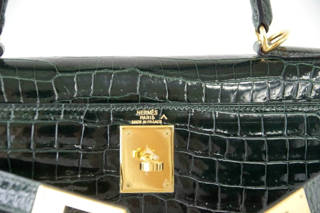 Kelly 28 Bag Exotic Vert Fonce Porosus Crocodile Gold