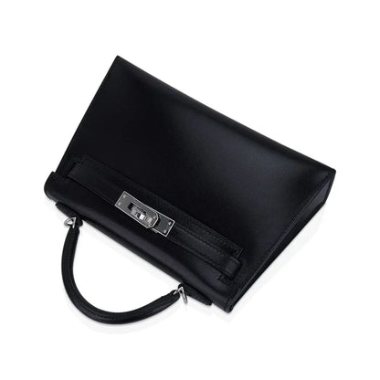Kelly 20 Sellier Black Box Leather Mini Bag Palladium Hardware