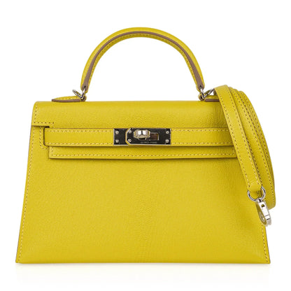 Kelly 20 Mini Sellier Bag Lime Chevre Leather Palladium New w/Box